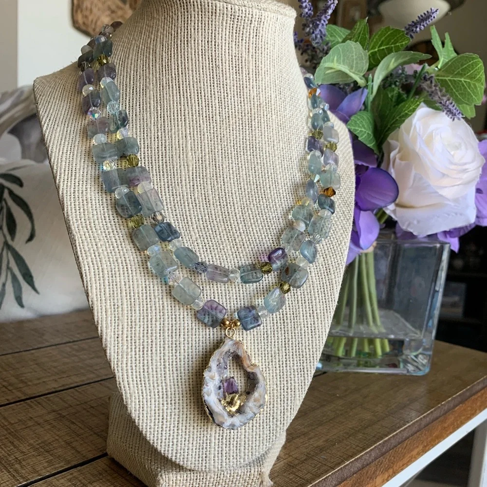 Handmade geode, amethyst, fluorite, & Swarovski crystal double strand necklace - Picture 3 of 8